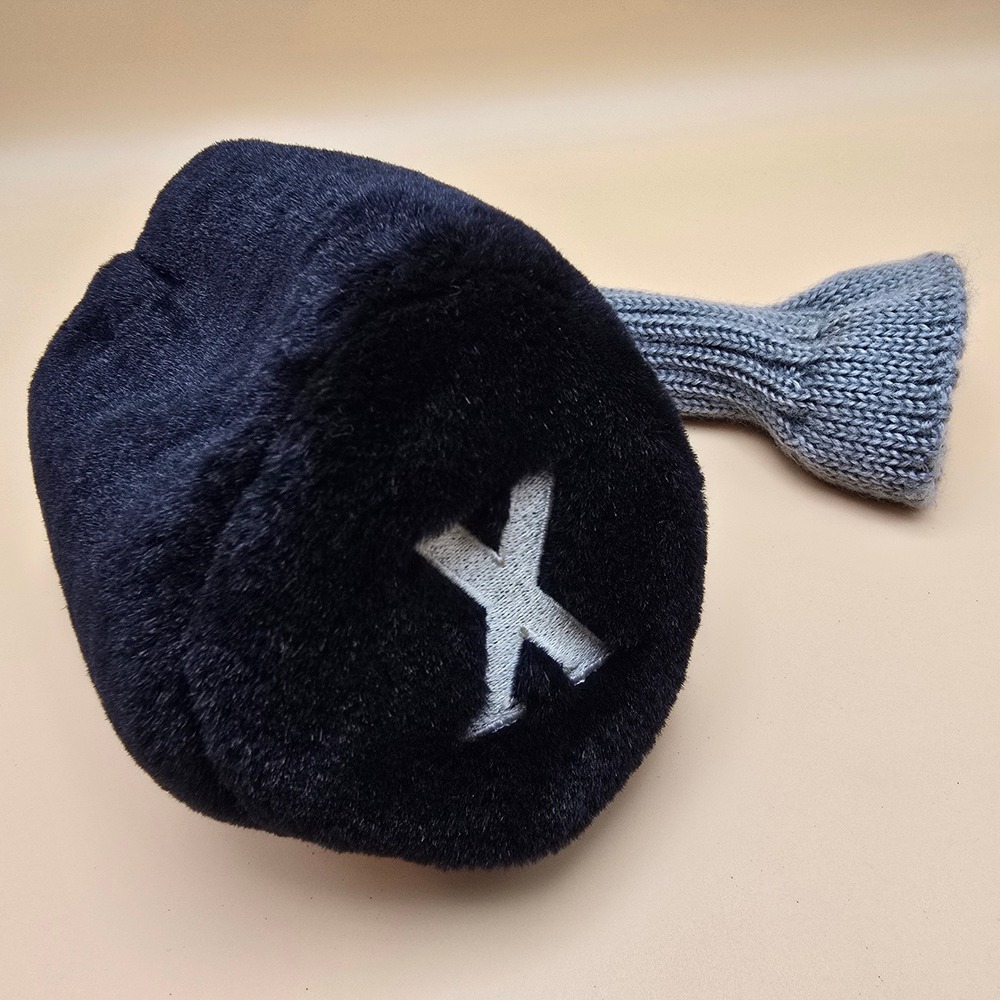 Black Faux Fur Golf Headcover Embroidered X Grey Knit Sock Club Cover